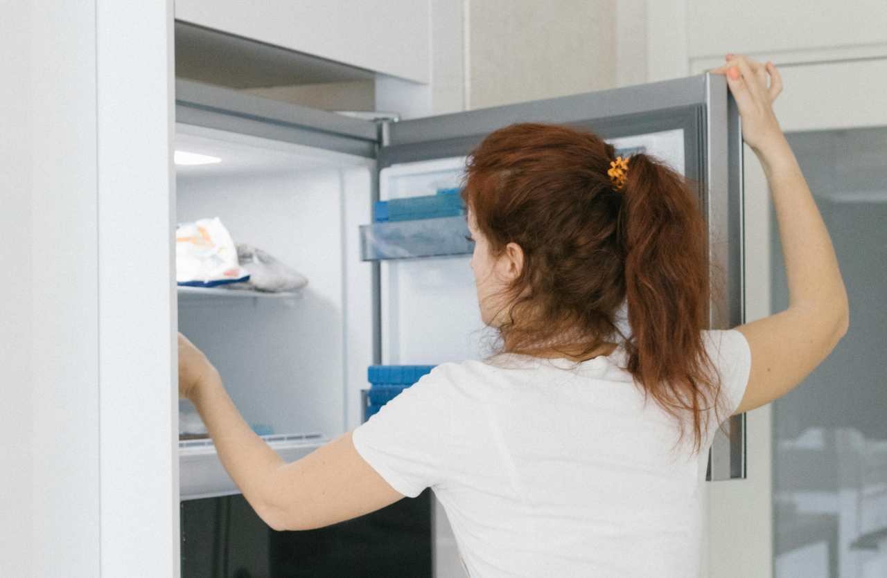 donna davanti a freezer aperto